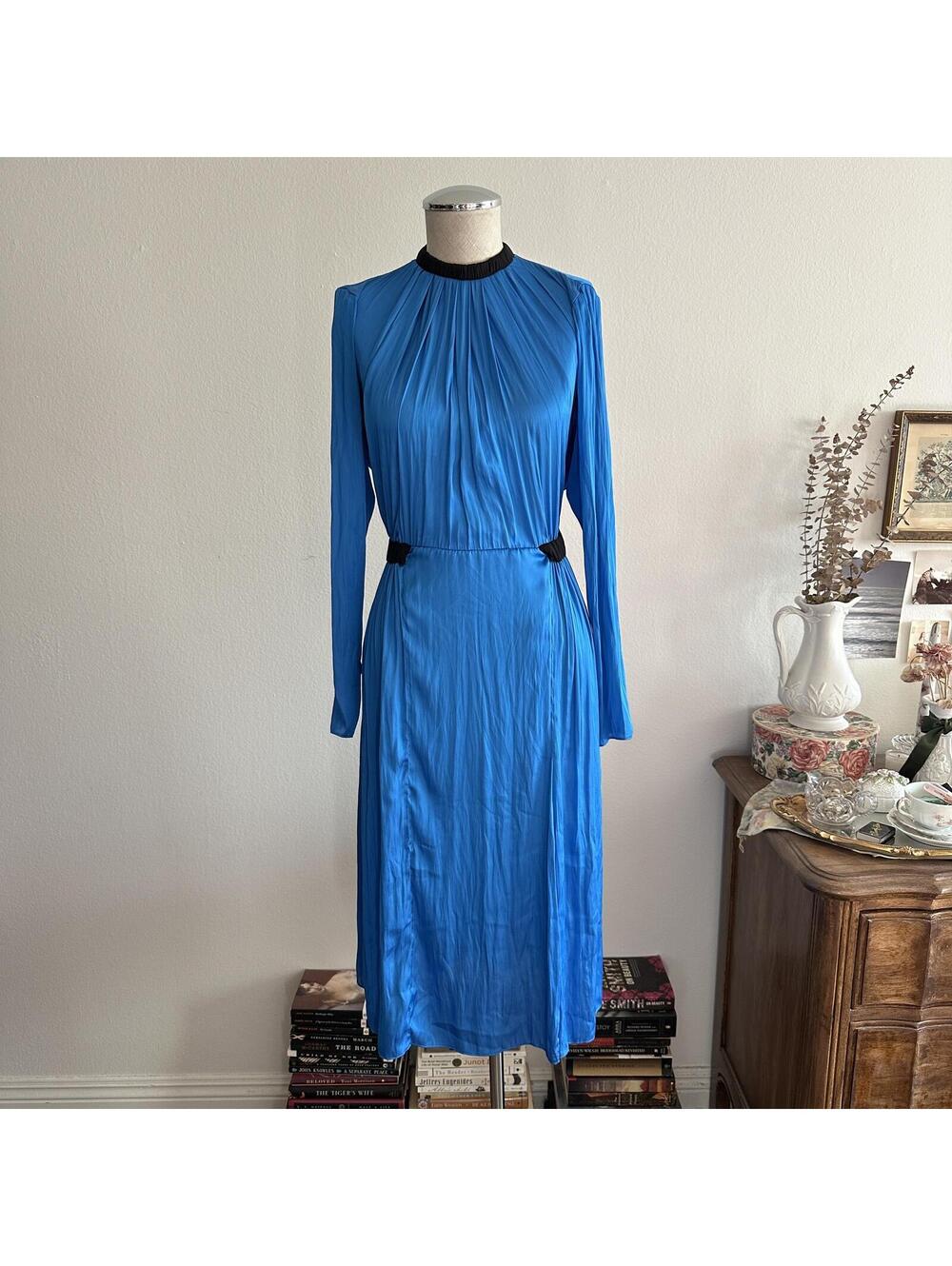 Blue Zara black trim silky dress